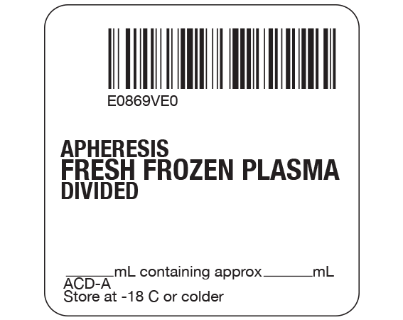 SB128-41D-9E White 2 " x 2" Fresh Frozen Plasma Product Labels for Compliance with ISBT 128 Standards - With Imprint: E0869VE0 / APHERESIS / FRESH FROZEN PLASMA / DIVIDED / _____ mL containing approx _____ mL / ACD-A / Store at -18 C or colder