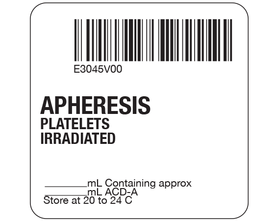 SB128-50-11 White 2 " x 2" Platelets Product Labels for Compliance with ISBT 128 Standards - With Imprint: E3045V00 / APHERESIS / PLATELETS / IRRADIATED / _____ mL containing approx / _____ mL ACD-A / Store at 20 to 24 C