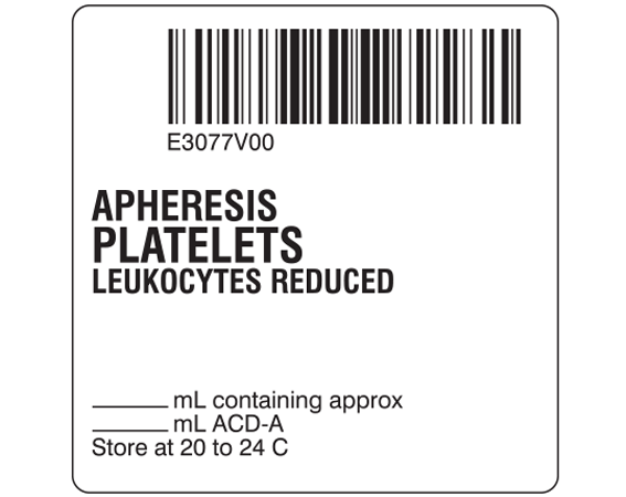 SB128-50-13 White 2 " x 2" Platelets Product Labels for Compliance with ISBT 128 Standards - With Imprint: E3077V00 / APHERESIS / PLATELETS / LEUKOCYTES REDUCED / _____ mL containing approx / _____ mL ACD-A / Store at 20 to 24 C