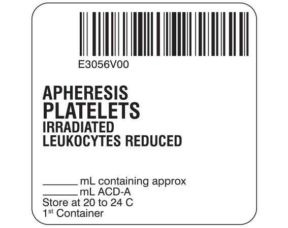 SB128-50-20 White 2 " x 2" Platelets Product Labels for Compliance with ISBT 128 Standards - With Imprint: E3056V00 / APHERESIS / PLATELETS / IRRADIATED / LEUKOCYTES REDUCED / _____ mL containing approx _____ mL / ACD-A / Store at 20 to 24 C / 1st Container