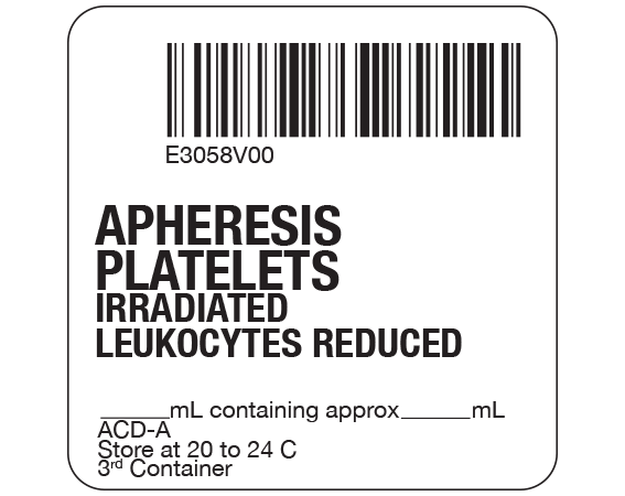 SB128-50-22 White 2 " x 2" Platelets Product Labels for Compliance with ISBT 128 Standards - With Imprint: E3058V00 / APHERESIS / PLATELETS / IRRADIATED / LEUKOCYTES REDUCED / _____ mL containing approx _____ mL / ACD-A / Store at 20 to 24 C / 3rd Container