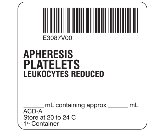 SB128-50-25 White 2 " x 2" Platelets Product Labels for Compliance with ISBT 128 Standards - With Imprint: E3087V00 / APHERESIS / PLATELETS / LEUKOCYTES REDUCED / _____ mL containing approx _____ mL / ACD-A / Store at 20 to 24 C / 1st Container