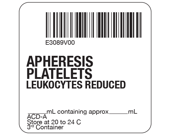 SB128-50-27 White 2 " x 2" Platelets Product Labels for Compliance with ISBT 128 Standards - With Imprint: E3089V00 / APHERESIS / PLATELETS / LEUKOCYTES REDUCED / _____ mL containing approx _____ mL / ACD-A / Store at 20 to 24 C / 3rd Container