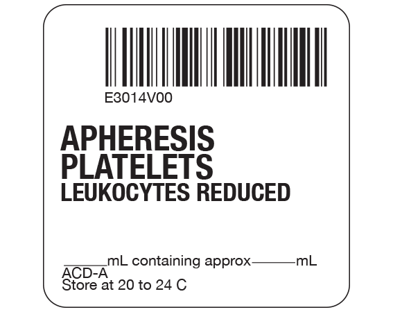 SB128-50-29 White 2 " x 2" Platelets Product Labels for Compliance with ISBT 128 Standards - With Imprint: E3014V00 / APHERESIS / PLATELETS / LEUKOCYTES REDUCED / _____ mL containing approx _____ mL / ACD-A / Store at 20 to 24 C