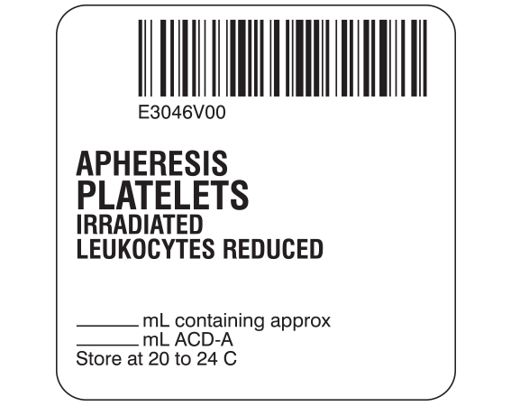 SB128-50-3 White 2 " x 2" Platelets Product Labels for Compliance with ISBT 128 Standards - With Imprint: E3046V00 / APHERESIS / PLATELETS / IRRADIATED / LEUKOCYTES REDUCED / _____ mL containing approx / _____ mL ACD-A / Store at 20 to 24 C