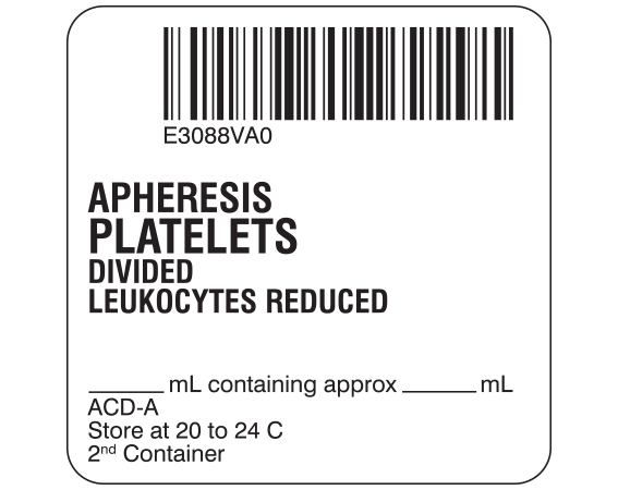 SB128-50D-26A White 2 " x 2" Platelets Product Labels for Compliance with ISBT 128 Standards - With Imprint: E3088VA0 / APHERESIS / PLATELETS / DIVIDED / LEUKOCYTES REDUCED / ______ mL containing approx _____ mL / ACD-A / Store at 20 to 24 C / 2nd Container