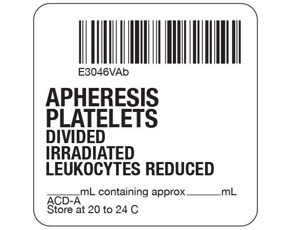 SB128-50D-3AB White 2 " x 2" Platelets Product Labels for Compliance with ISBT 128 Standards - With Imprint: E3046VAb / APHERESIS / PLATELETS / DIVIDED / IRRADIATED / LEUKOCYTES REDUCED / _____ mL containing approx _____ mL / ACD-A / Store at 20 to 24 C