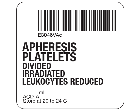 SB128-50D-3AC White 2 " x 2" Platelets Product Labels for Compliance with ISBT 128 Standards - With Imprint: E3046VAc / APHERESIS / PLATELETS / DIVIDED / IRRADIATED / LEUKOCYTES REDUCED / _____ mL containing approx _____ mL / ACD-A / Store at 20 to 24 C