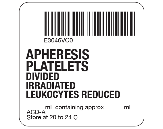 SB128-50D-3C White 2 " x 2" Platelets Product Labels for Compliance with ISBT 128 Standards - With Imprint: E3046VC0 / APHERESIS / PLATELETS / DIVIDED / IRRADIATED / LEUKOCYTES REDUCED / _____ mL containing approx _____ mL / ACD-A / Store at 20 to 24 C
