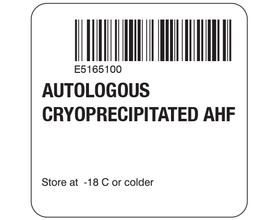 SB128-60-4-1 White 2 " x 2" Cryoprecipitated AHF Product Labels for Compliance with ISBT 128 Standards - With Imprint: E5165100 AUTOLOGOUS / CRYOPRECIPITATED AHF / Store at -18 C or colder