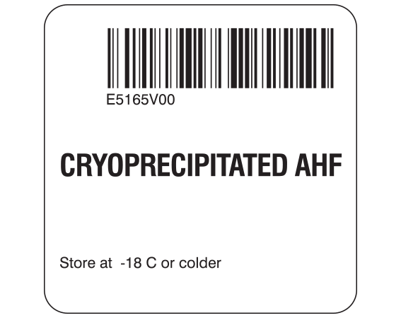 SB128-60-4 White 2 " x 2" Cryoprecipitated AHF Product Labels for Compliance with ISBT 128 Standards - With Imprint: E5165V00 / CRYOPRECIPITATED AHF / Store at -18 C or colder
