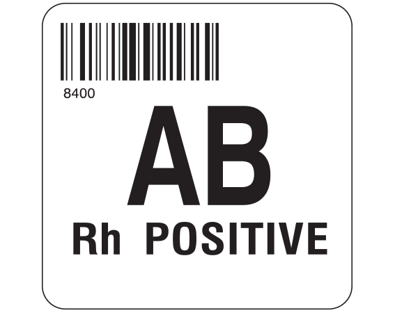 SB128-ABP84 White 2 " x 2" Group Type Labels for Compliance with ISBT 128 Standards - With Imprint: 8400 / AB / Rh POSITIVE