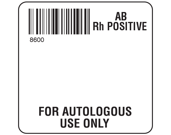 SB128-ABP86 White 2 " x 2" Autologous Group Type Labels for Compliance with ISBT 128 Standards - With Imprint: 8600 / AB / Rh Positive / FOR AUTOLOGOUS / USE ONLY