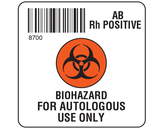 SB128-ABP87 White 2 " x 2" Biohazard Autologous Group Type Labels for Compliance with ISBT 128 Standards - With Imprint: 8700 / AB / Rh Positive / BIOHAZARD SYMBOL / BIOHAZARD / FOR AUTOLOGOUS / USE ONLY