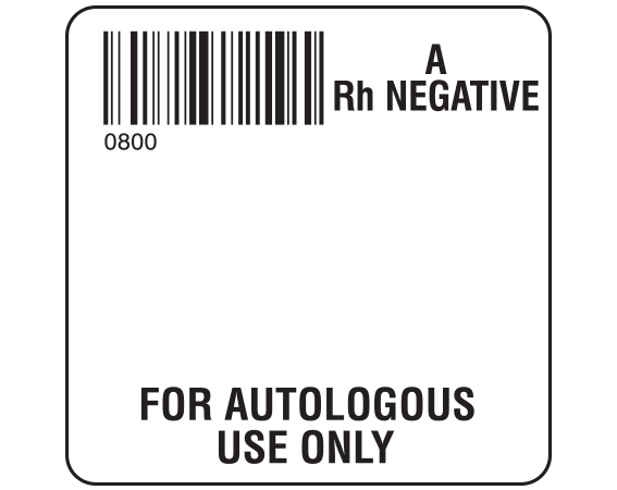SB128-AN08 White 2 " x 2" Autologous Group Type Labels for Compliance with ISBT 128 Standards - With Imprint: 0800 / A / Rh Negative / FOR AUTOLOGOUS / USE ONLY