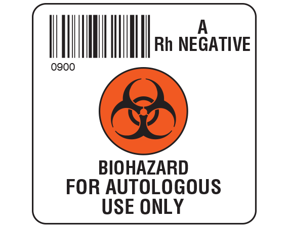 SB128-AN09 White 2 " x 2" Biohazard Autologous Group Type Labels for Compliance with ISBT 128 Standards - With Imprint: 0900 / A / Rh Negative / BIOHAZARD SYMBOL / BIOHAZARD / FOR AUTOLOGOUS / USE ONLY
