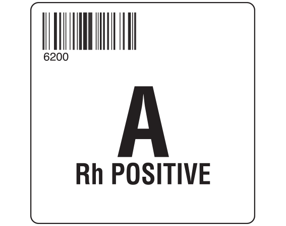 SB128-AP62 White 2 " x 2" Group Type Labels for Compliance with ISBT 128 Standards - With Imprint: 6200 / A / Rh POSITIVE