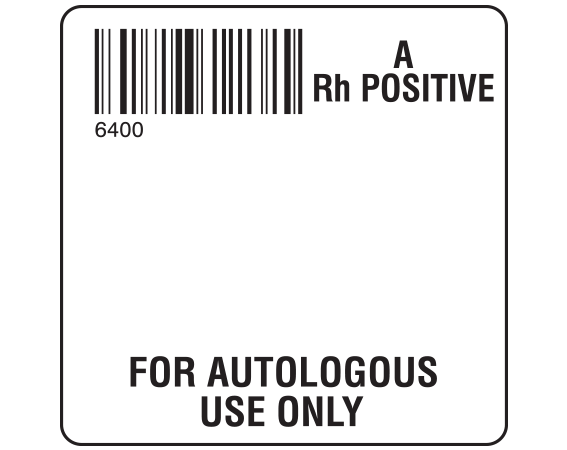 SB128-AP64 White 2 " x 2" Autologous Group Type Labels for Compliance with ISBT 128 Standards - With Imprint: 6400 / A / Rh Positive / FOR AUTOLOGOUS / USE ONLY