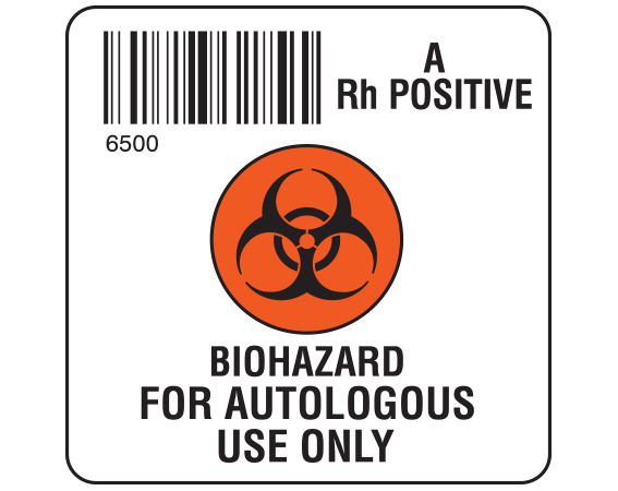 SB128-AP65 White 2 " x 2" Biohazard Autologous Group Type Labels for Compliance with ISBT 128 Standards - With Imprint: 6500 / A / Rh Positive / BIOHAZARD SYMBOL / BIOHAZARD / FOR AUTOLOGOUS / USE ONLY
