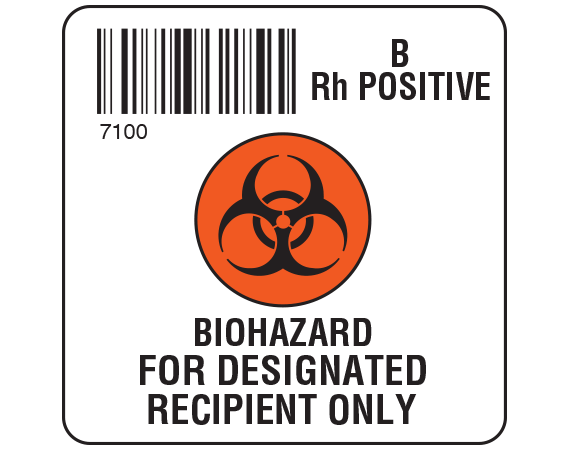 SB128-BP71 White 2 " x 2" Biohazard Designated Recipient Group Type Labels for Compliance with ISBT 128 Standards - With Imprint: 7100 / B / Rh Positive / BIOHAZARD SYMBOL / BIOHAZARD / FOR DESIGNATED / RECIPIENT ONLY
