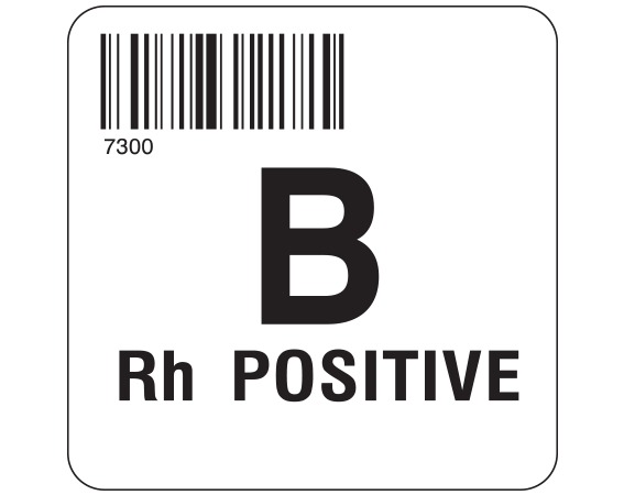 SB128-BP73 White 2 " x 2" Group Type Labels for Compliance with ISBT 128 Standards - With Imprint: 7300 / B / Rh POSITIVE