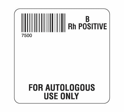 SB128-BP75 White 2 " x 2" Autologous Group Type Labels for Compliance with ISBT 128 Standards - With Imprint: 7500 / B / Rh Positive / FOR AUTOLOGOUS / USE ONLY
