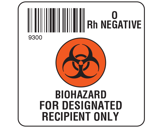 SB128-ON93 White 2 " x 2" Biohazard Designated Recipient Group Type Labels for Compliance with ISBT 128 Standards - With Imprint: 9300 / O / Rh Negative / BIOHAZARD SYMBOL / BIOHAZARD / FOR DESIGNATED / RECIPIENT ONLY