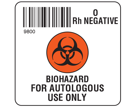 SB128-ON98 White 2 " x 2" Biohazard Autologous Group Type Labels for Compliance with ISBT 128 Standards - With Imprint: 9800 / O / Rh Negative / BIOHAZARD SYMBOL / BIOHAZARD / FOR AUTOLOGOUS / USE ONLY