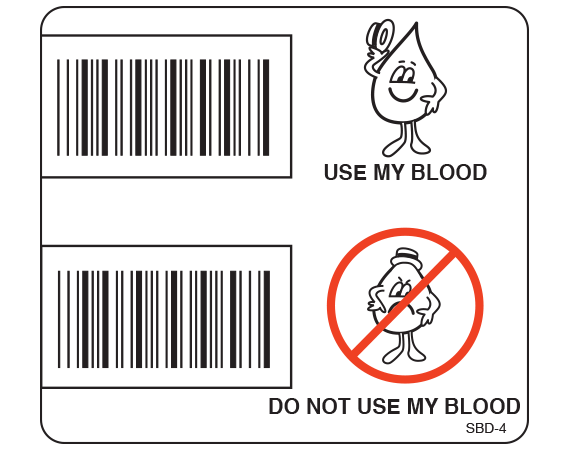 White 2-1/4" x 2-1/2" Blood Donor Option Labels with Codabar Symbology  - With Imprint: USE MY BLOOD / DON'T USE MY BLOOD