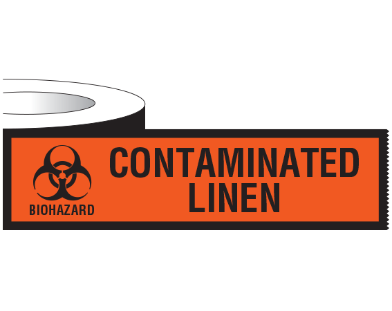 SBH-48L Fluorescent Red 2" x 6" Biohazard Warning Communication Tape - With Imprint: CONTAMINATED / LINEN