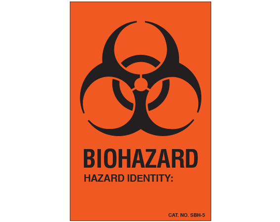 SBH-5 Fluorescent Red 3-1/2" x 2-1/4" Biohazard Warning Identification Labels - With Imprint: BIOHAZARD / HAZARD IDENTITY: