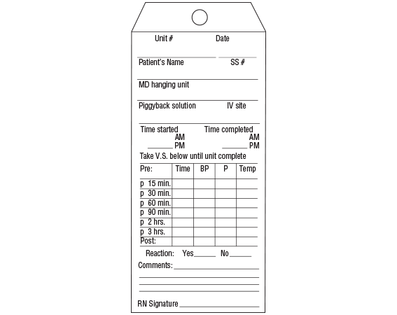 SBT-1001 White 7" x 3 1/8" Blood Tags for Donation and Transfusion - With Imprint: Unit # Date / _____ _____ / Patient's Name SS# / ...