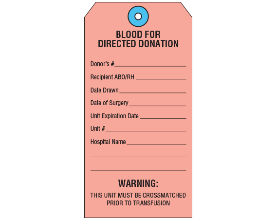 SBT-1003 Salmon 6 1/4" x 3 1/8" Blood Tags for Donation and Transfusion - With Imprint: BLOOD FOR / DIRECTED DONATION / Donor's # _____ / Recipient ABO/RH _____ / ...