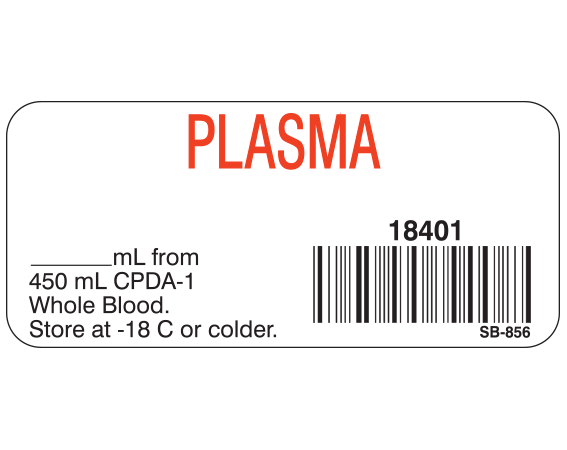White 1" x 2-1/4" Blood Product Labels with Codabar Symbology  - With Imprint: PLASMA / 18401 / _____ mL from / 450 mL CPDA-1 / Whole Blood. / Store at -18 C or colder.