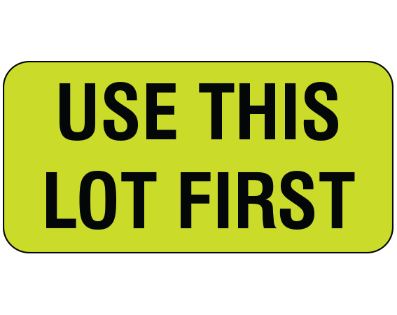 UPCR-3023 Fluorescent Chartreuse 3/4" x 1-1/2" Communication Labels for Quality Control - With Imprint: USE THIS / LOT FIRST