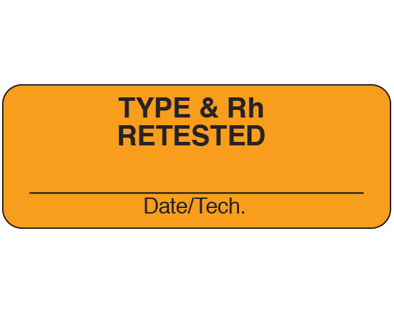 UPCR-5005 Fluorescent Orange 3/4" x 2" Blood Collection Antigen Testing Labels - With Imprint: TYPE & Rh / RETESTED / _____ / Date/Tech.