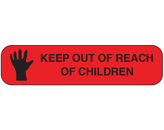 a-38 Red 3/8" x 1-1/2" Pharmacy Auxiliary Labels for Prescription Containers - English Version - With Imprint: KEEP OUT OF REACH / OF CHILDREN