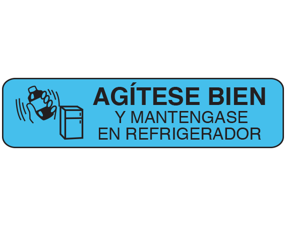 a-60-es Blue 3/8" x 1-1/2" Pharmacy Auxiliary Labels for Prescription Containers - Spanish Version - With Imprint: (Spanish) SHAKE WELL / AND KEEP IN / REFRIGERATOR