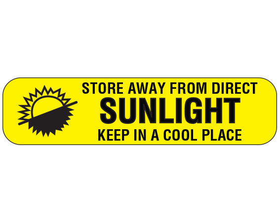 a-81 Yellow 3/8" x 1-1/2" Pharmacy Auxiliary Labels for Prescription Containers - English Version - With Imprint: STORE AWAY FROM DIRECT / SUNLIGHT / KEEP IN A COOL PLACE