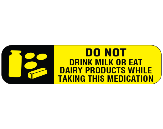 a-95 Yellow 3/8" x 1-1/2" Pharmacy Auxiliary Labels for Prescription Containers - English Version - With Imprint: DO NOT / DRINK MILK OR EAT / DAIRY PRODUCTS WHILE / TAKING THIS MEDICATION