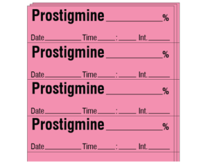 Rose 1/2" x 2" Anesthesia Drug Labels for Syringe Identification - Pack Form  - With Imprint: PROSTIGMINE _____ % / Date _____ Time _____ Int. _____