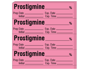 Rose 1/2" x 2" Anesthesia Drug Labels for Syringe Identification - Pack Form  - With Imprint: PROSTIGMINE _____ % / Prep Date _____ Exp. Date _____ / Initial _____ Exp. Time _____