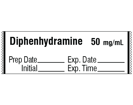 sa-3244-exp White 1/2" x 500" Anesthesia Drug Labels for Syringe Identification - Tape Form - With Imprint: Diphenhydramine 50 mg/mL / Prep Date _____ Exp. Date _____ / Initial _____ Exp. Time _____