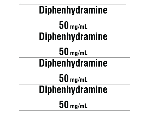 sa-3244-pk White 1/2" x 2" Anesthesia Drug Labels for Syringe Identification - Pack Form - With Imprint: Diphenhydramine / 50 mg/mL