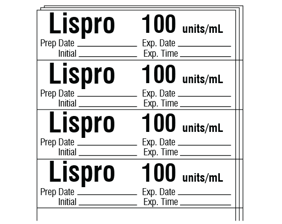 sa-3247-exp-pk1 White 1/2" x 2" Anesthesia Drug Labels for Syringe Identification - Pack Form - With Imprint: Lispro 100 units/mL / Prep Date _____ Exp. Date _____ / Initial _____ Exp. Time _____