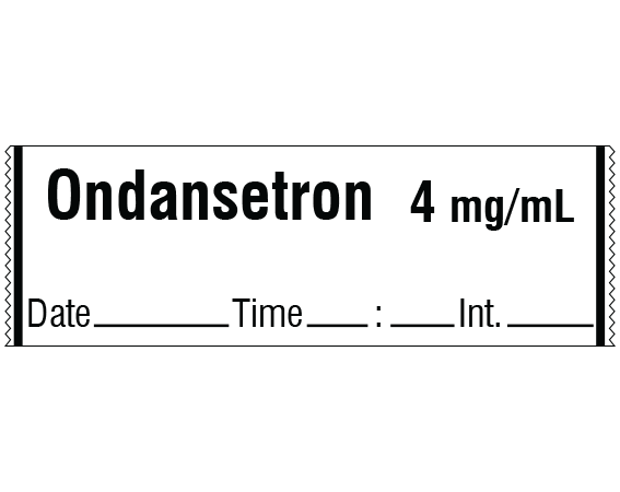 sa-3253-dti White 1/2" x 500" Anesthesia Drug Labels for Syringe Identification - Tape Form - With Imprint: Ondansetron 4 mg/mL / Date _____ Time _____:_____ Int. _____