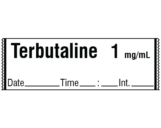 sa-3258-dti White 1/2" x 500" Anesthesia Drug Labels for Syringe Identification - Tape Form - With Imprint: Terbutaline 1 mg/mL / Date _____ Time _____:_____ Int. _____