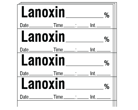 sa-33-dti-pk White 1/2" x 2" Anesthesia Drug Labels for Syringe Identification - Pack Form - With Imprint: LANOXIN _____ % / Date _____ Time _____ Int. _____