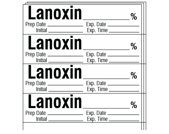 sa-33-exp-pk White 1/2" x 2" Anesthesia Drug Labels for Syringe Identification - Pack Form - With Imprint: LANOXIN _____ % / Prep Date _____ Exp. Date _____ / Initial _____ Exp. Time _____