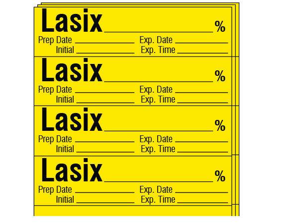 sa-34-exp-pk Yellow 1/2" x 2" Anesthesia Drug Labels for Syringe Identification - Pack Form - With Imprint: LASIX _____ % / Prep Date _____ Exp. Date _____ / Initial _____ Exp. Time _____